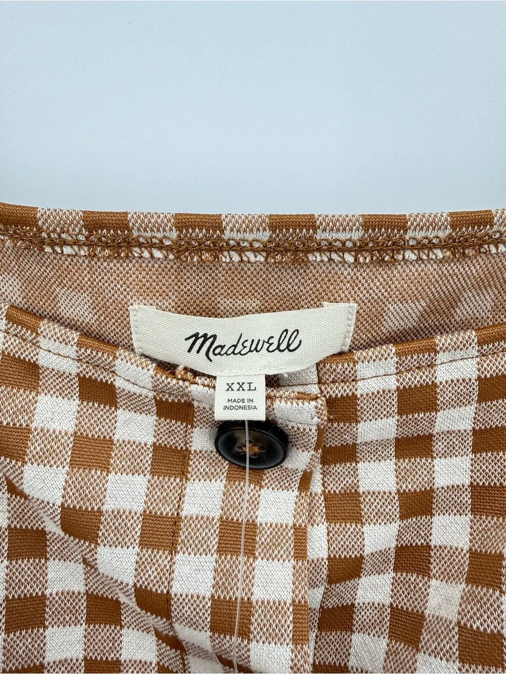 Madewell Gingham Jacquard Square-Neck Puff-Sleeve Top in Saddle Brown Size XXL